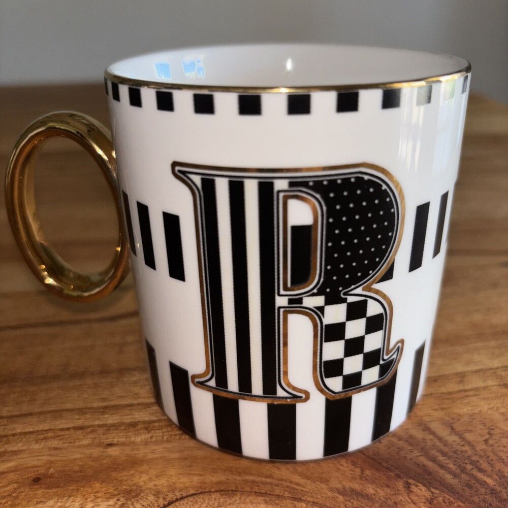 MacKenzie Childs My Mug R Coffee Cup Monogram black, white, gold